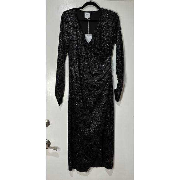 Misa Setarah Metallic Faux-wrap Midi Dress Black Shimmer Size Large NWT Sheath - Picture 2 of 14